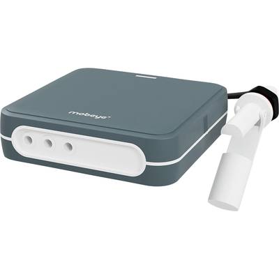 A rectangular, dark green device with a white cable and a mounting bracket. It has round openings on the front.