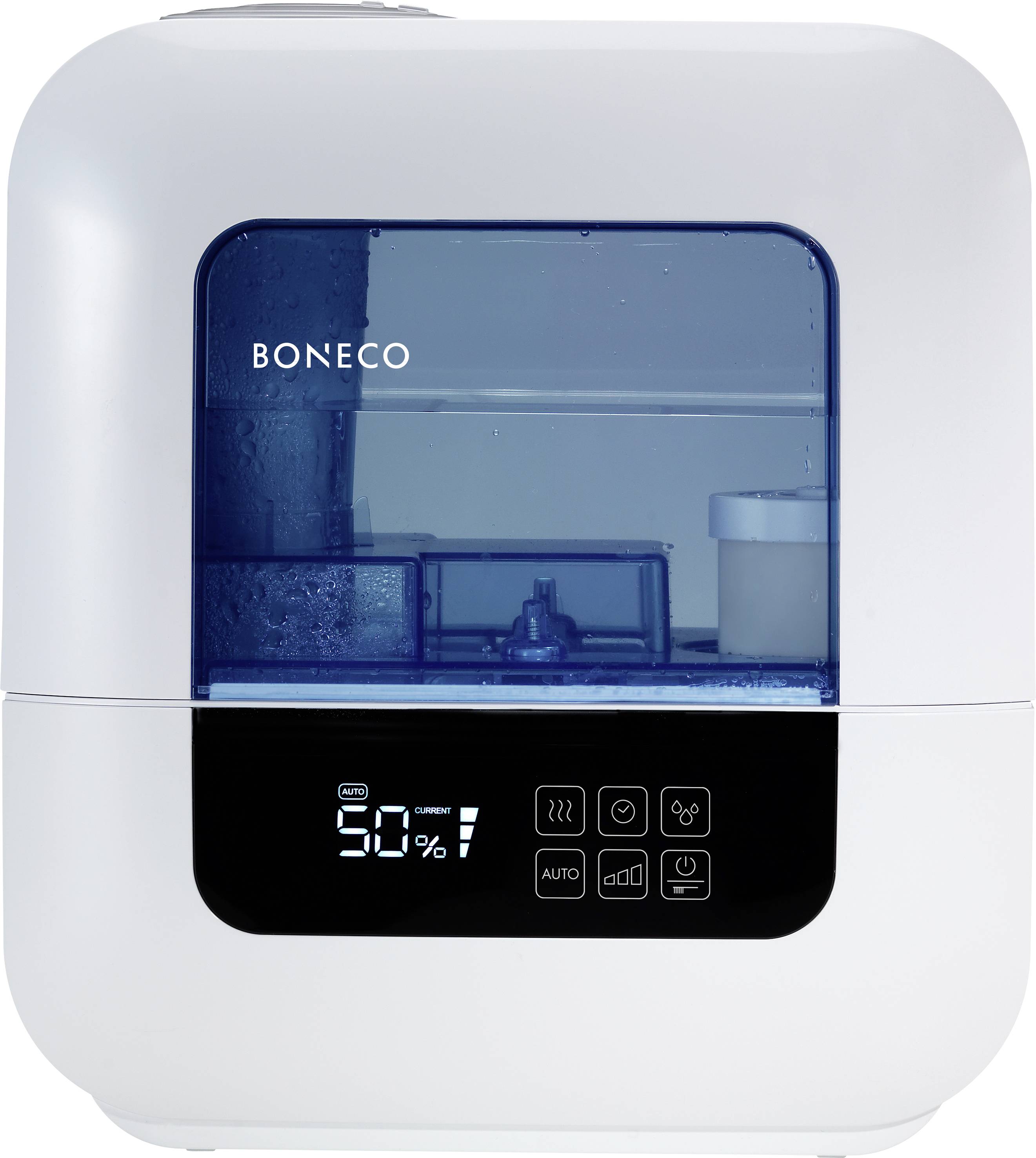 Humidifier with blue water tank, brand name 'BONECO' visible, digital display showing '50%'. Control buttons located beneath the display.
