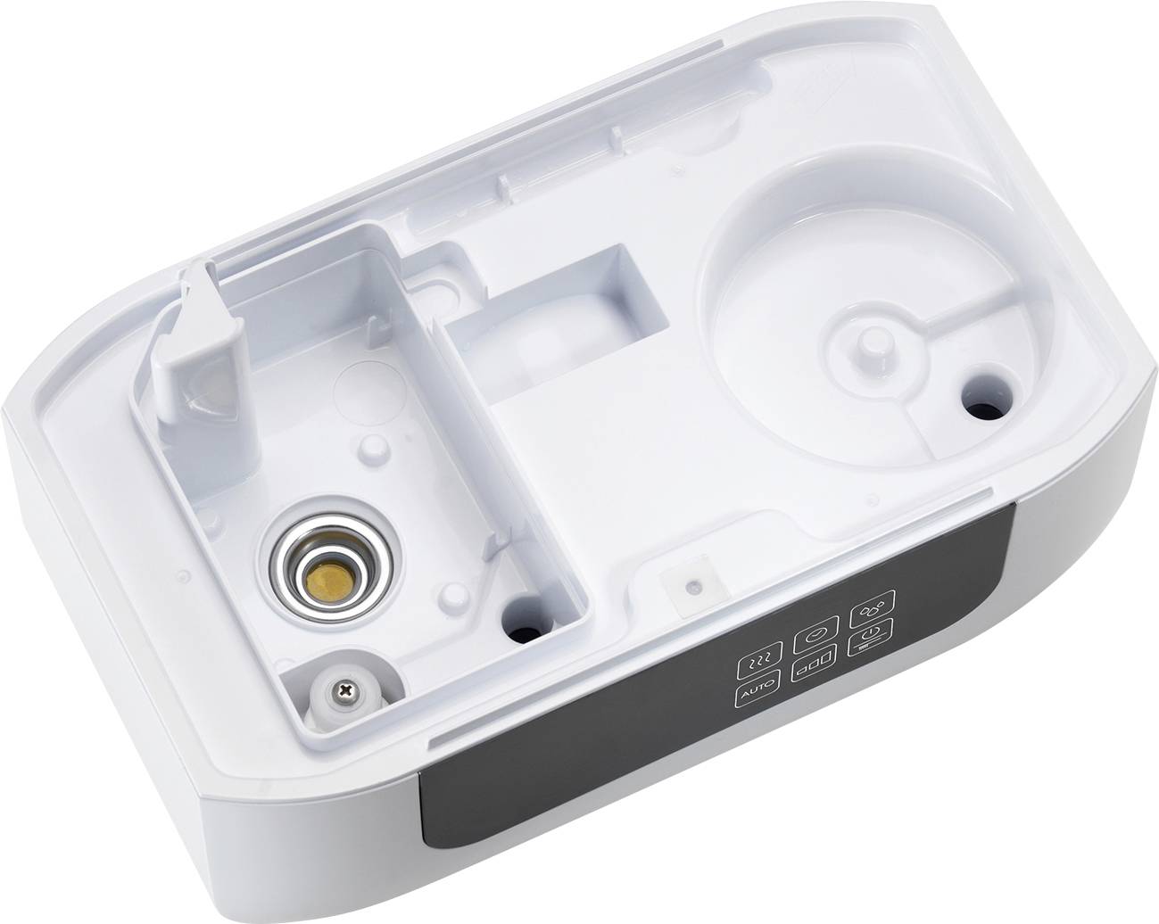 A rectangular, white device with multiple compartments and connections, likely intended for cleaning or maintenance purposes.