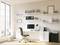 Bright, modern office with a large desk, office chair, computer and shelves filled with files and books. Window with a city view.
