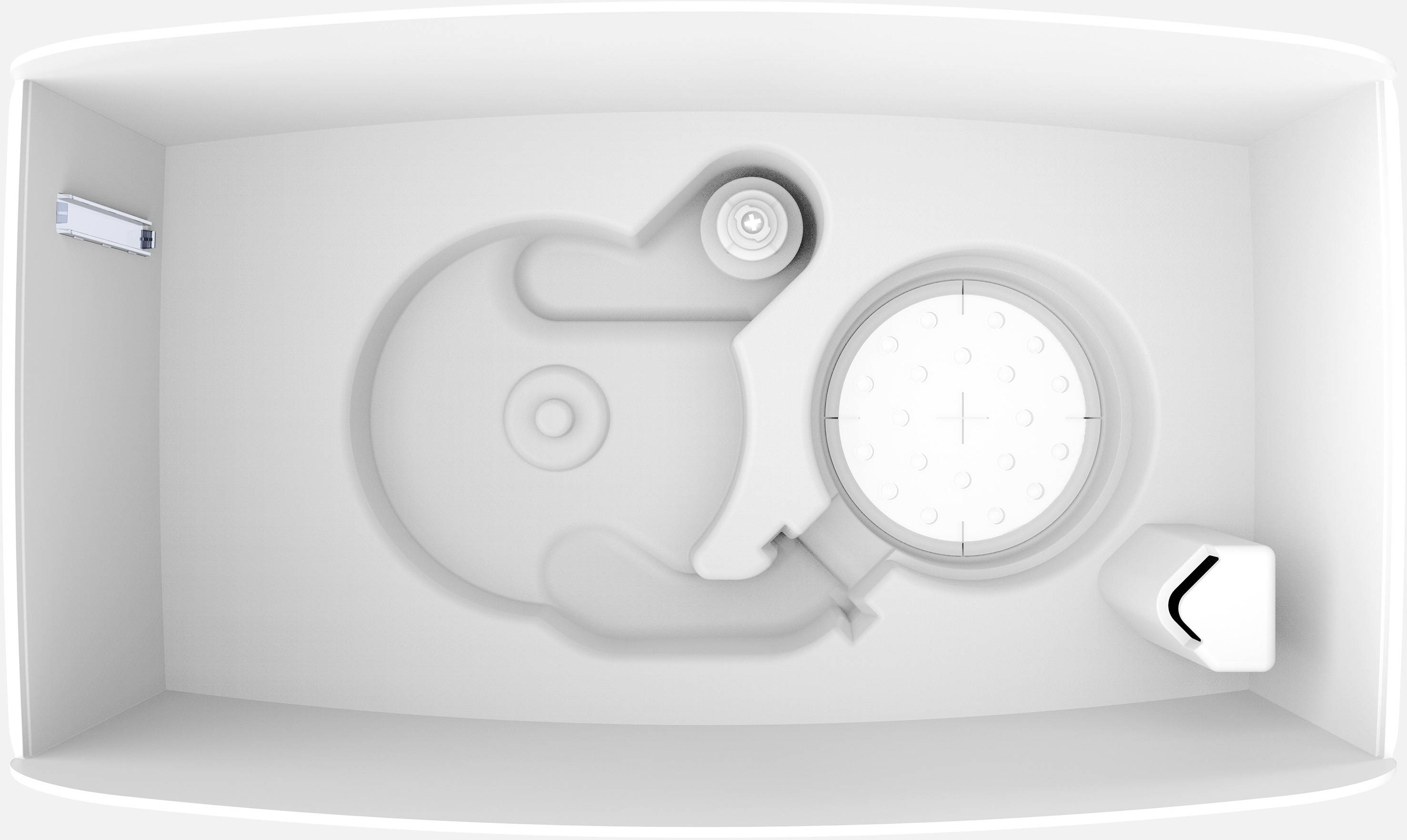 Electronic musical device from above: Keypad on the right, speakers on the left, central rotary knob and slider controls visible.