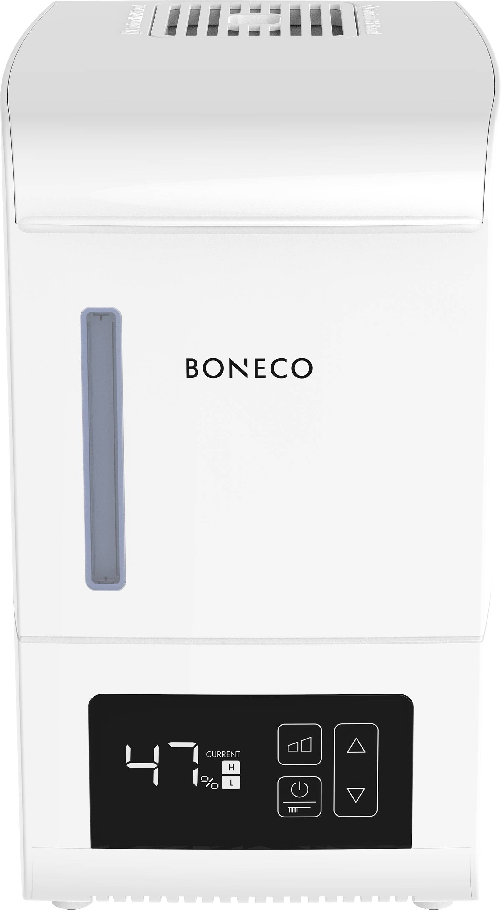 White air humidifier with digital display. Shows 47% humidity. Brand name 'Boneco'. Vertical water tank visible.
