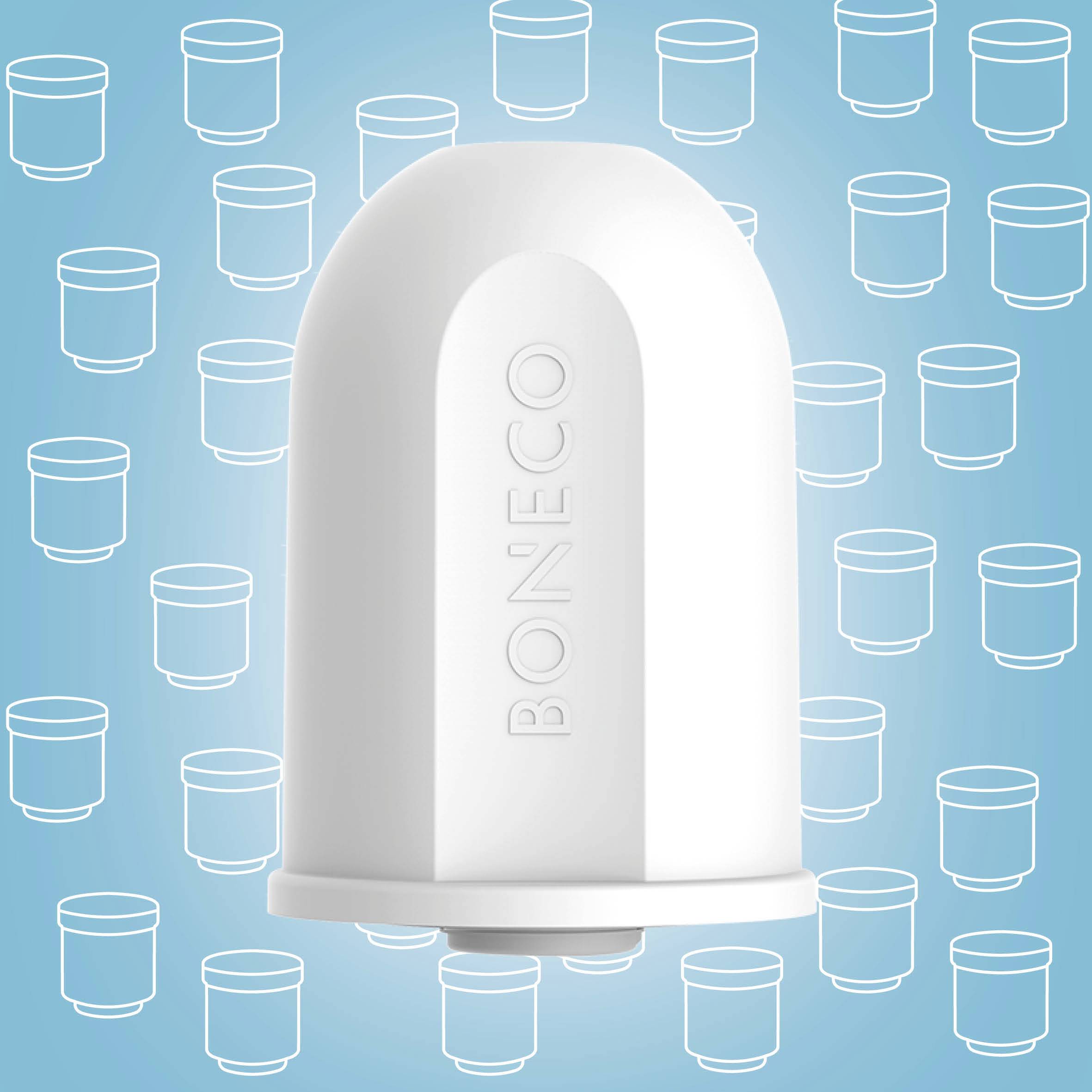 A white, cylindrical water filter by the Boneco brand, positioned against a blue background with stylised filter illustrations.
