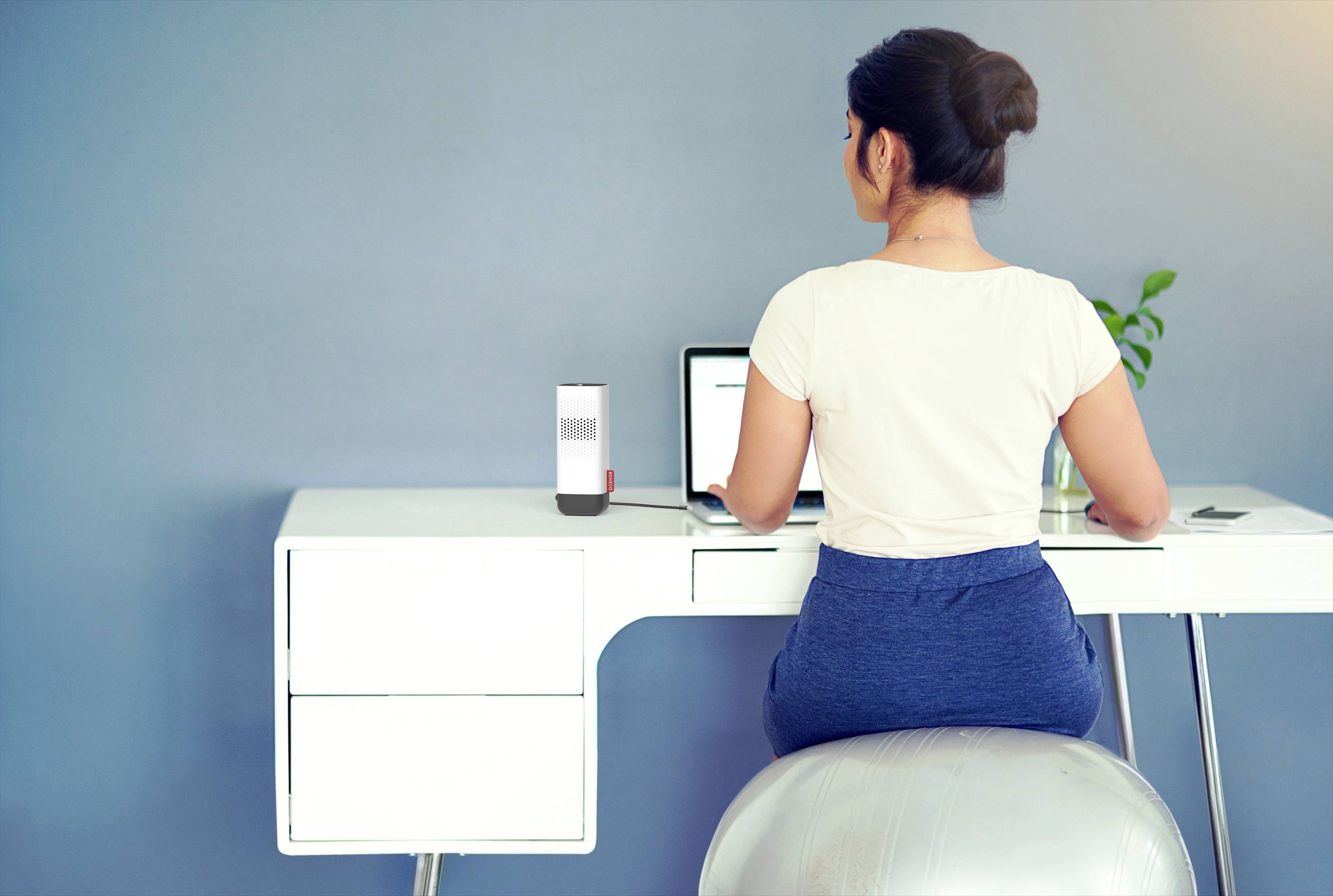 A woman is working on a laptop, sitting on an exercise ball in front of a desk with a smart speaker and a plant.