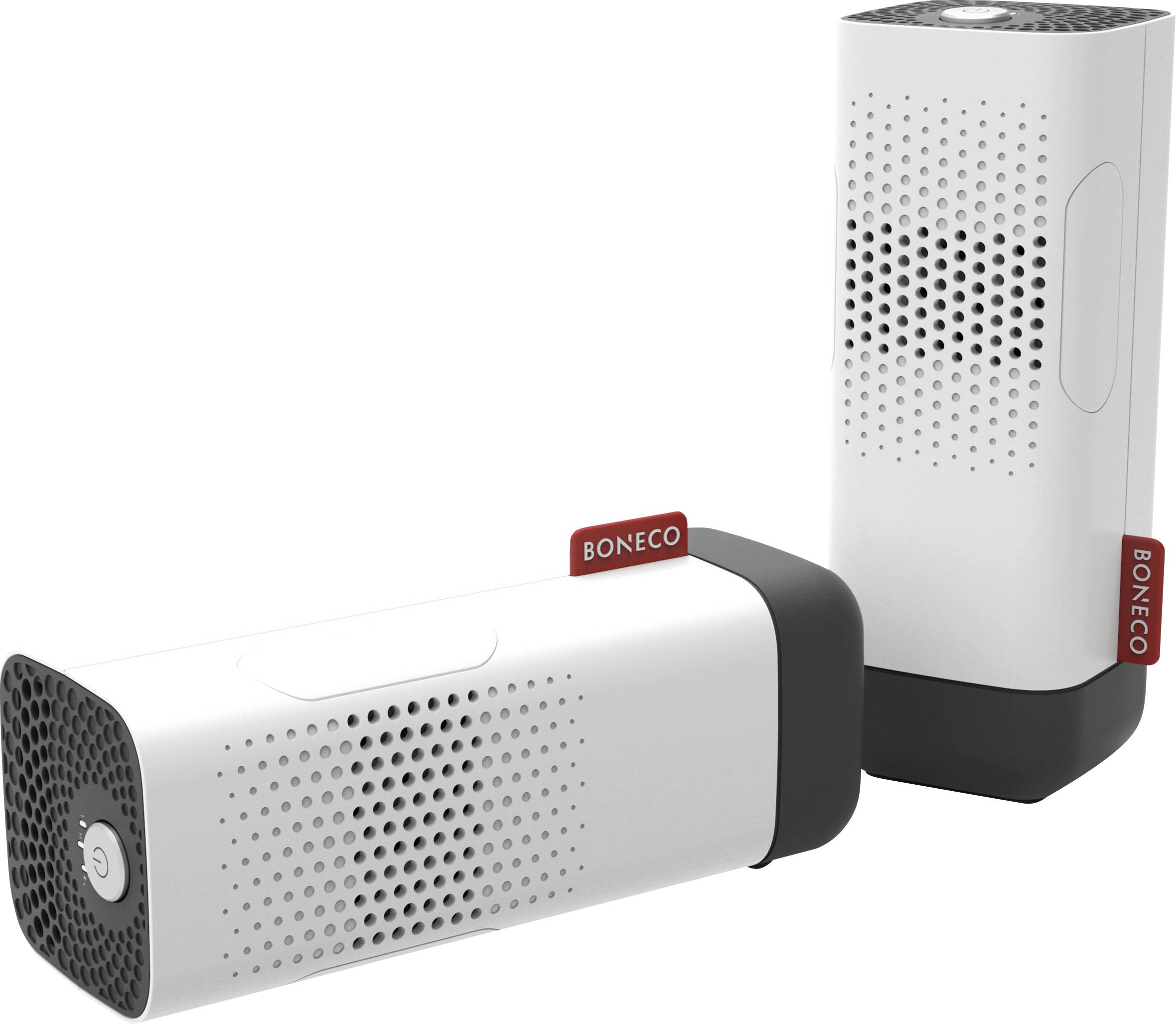 Two white air purifiers with black bases and perforated surfaces, one standing, the other lying down, both featuring the 'Boneco' logo.