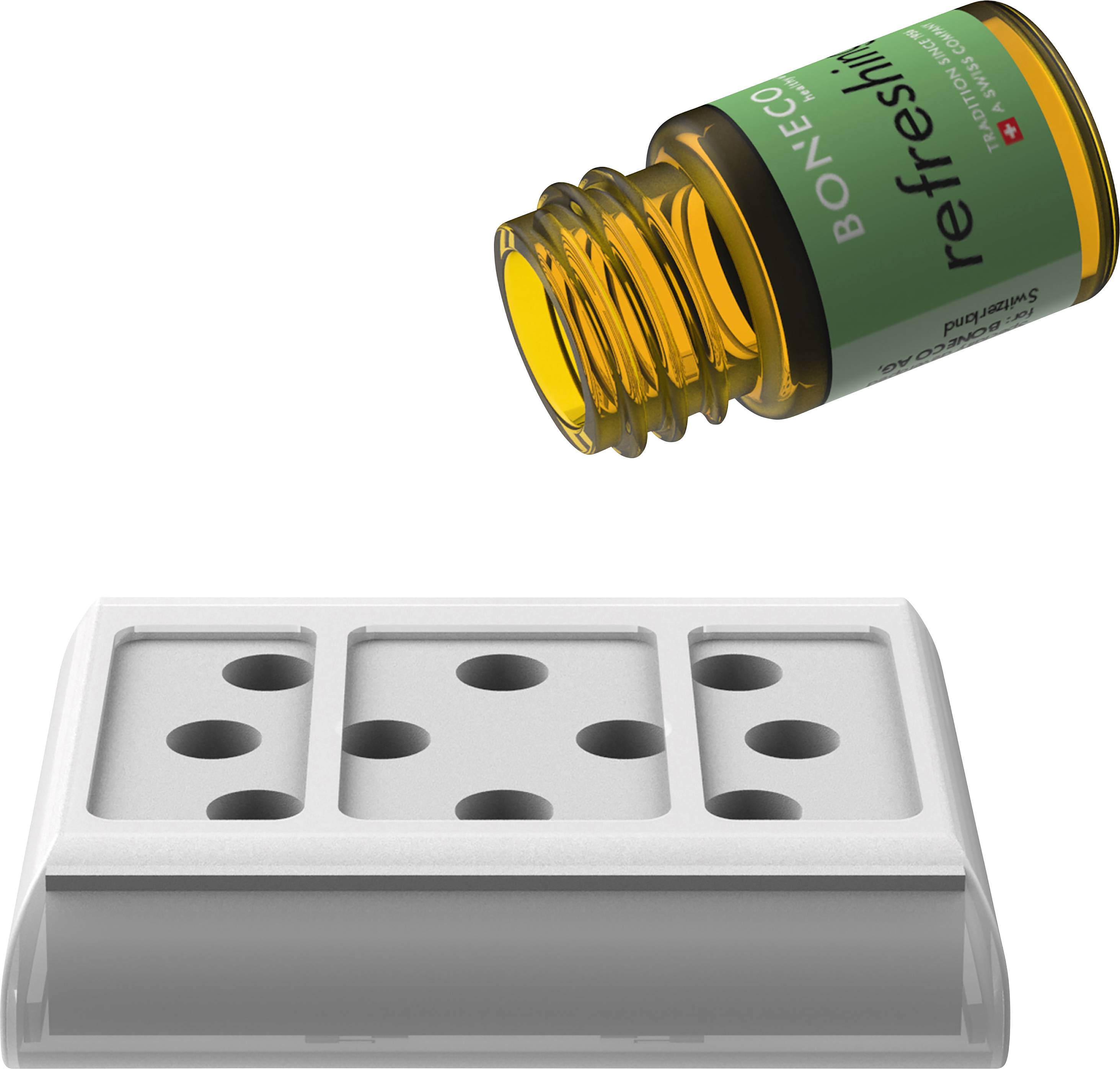 A small bottle of fragrance oil is inserted into a fragrance diffuser. The bottle is orange-brown and sits on a grey holder.