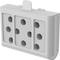 A rectangular plastic soap holder with six large holes on the front, designed for hanging in the shower.