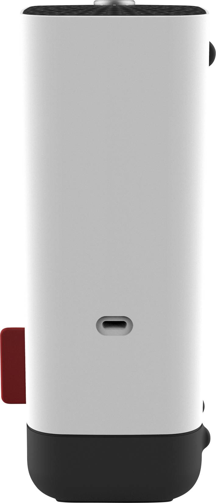 A white and black cylindrical device with a USB-C port in the centre. A red switch is located on the left. Function unknown.