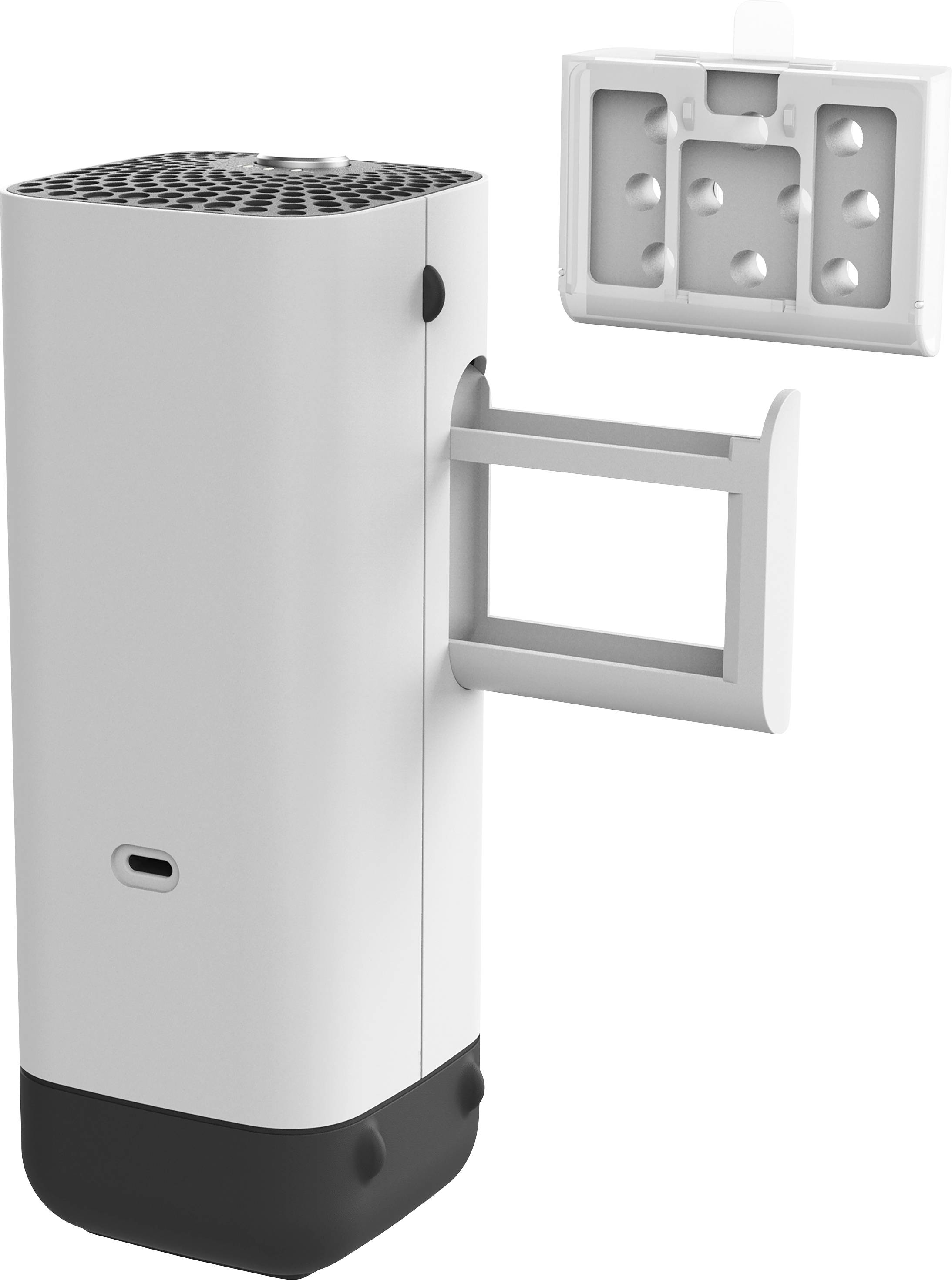 A white, rectangular air purifier with a black base and side outlet. A removable wall mounting bracket is shown at the top.