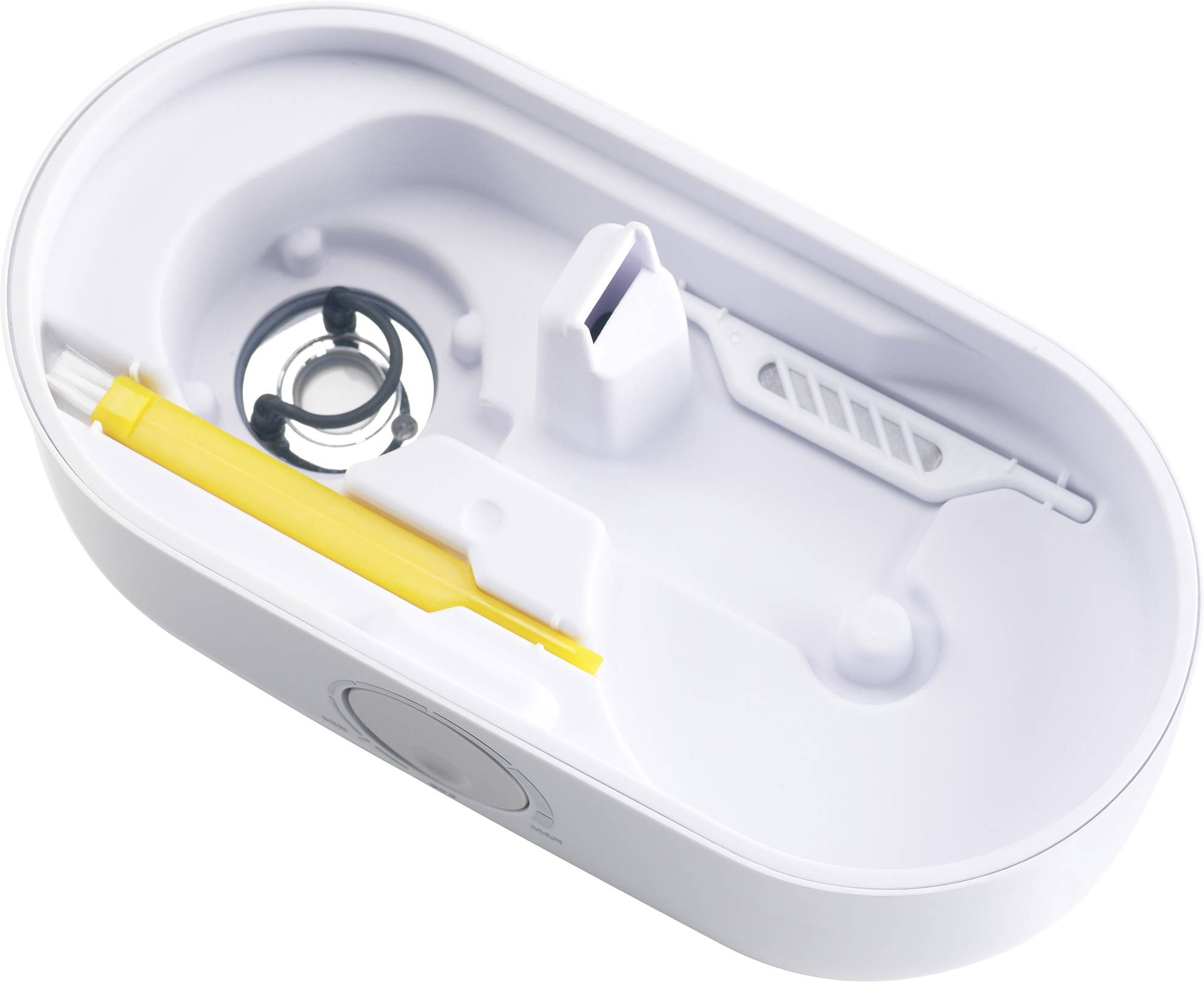 A white oval holder with various compartments and a yellow tweezers. Used for storing contact lenses.
