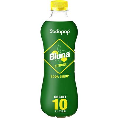 A green bottle of 'Bluna Lemon Soda Syrup' with a yellow cap. The label indicates that 10 litres of drink can be produced.