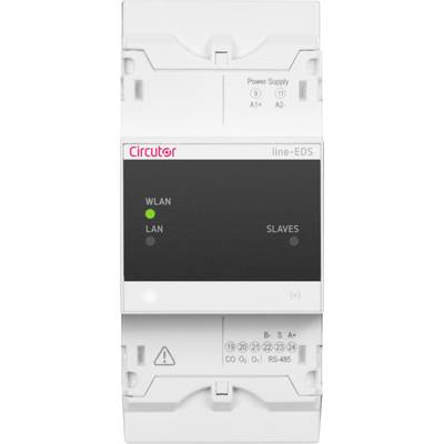 White electrical device with brand logo in the top left corner. Two illuminated indicators in the centre labelled 'WLAN' and 'LAN'. Control elements at the bottom.