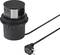 Black, round table socket with two USB ports and one Schuko socket. Cable with plug for power supply.