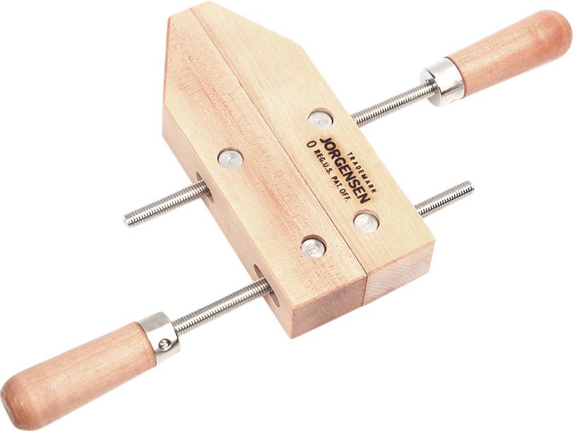 Wooden G-clamp with two handles and metal screws, suitable for securely fixing pieces of wood during processing.<br><br>Translation to British English:<br>Wooden G-clamp with two handles and metal screws, ideal for securely holding timber during woodworking.