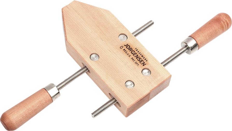 Wooden G-clamp with two handles, 'Jorgensen' company logo visible, used for clamping materials.