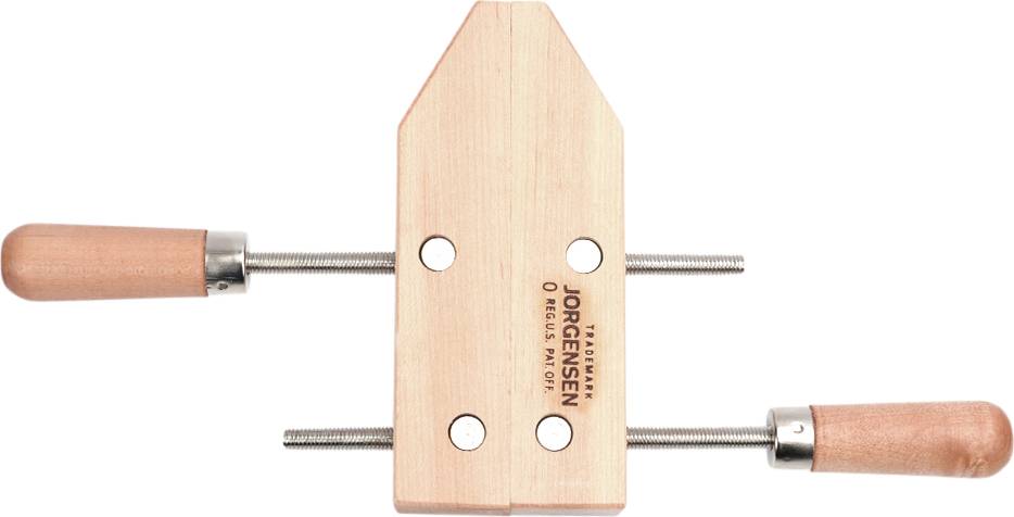 Wooden G-clamp with two wooden handles and metal spindles, suitable for holding workpieces during crafting or in the workshop.