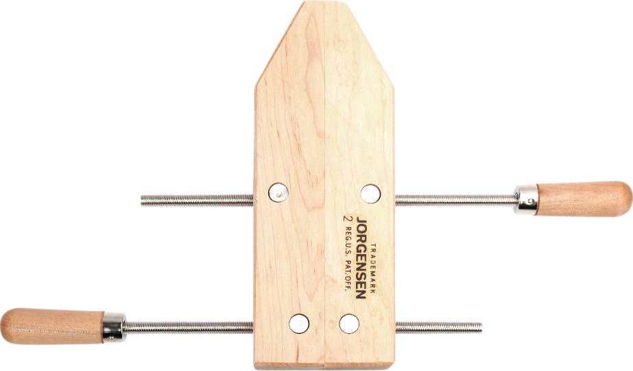 Wooden G-clamp with two metal spindles and wooden handles, side-mounted, for securing workpieces during gluing.