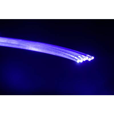 Blue optical fibre cables glow in a dark environment and symbolise fast internet connections and cutting-edge technology.