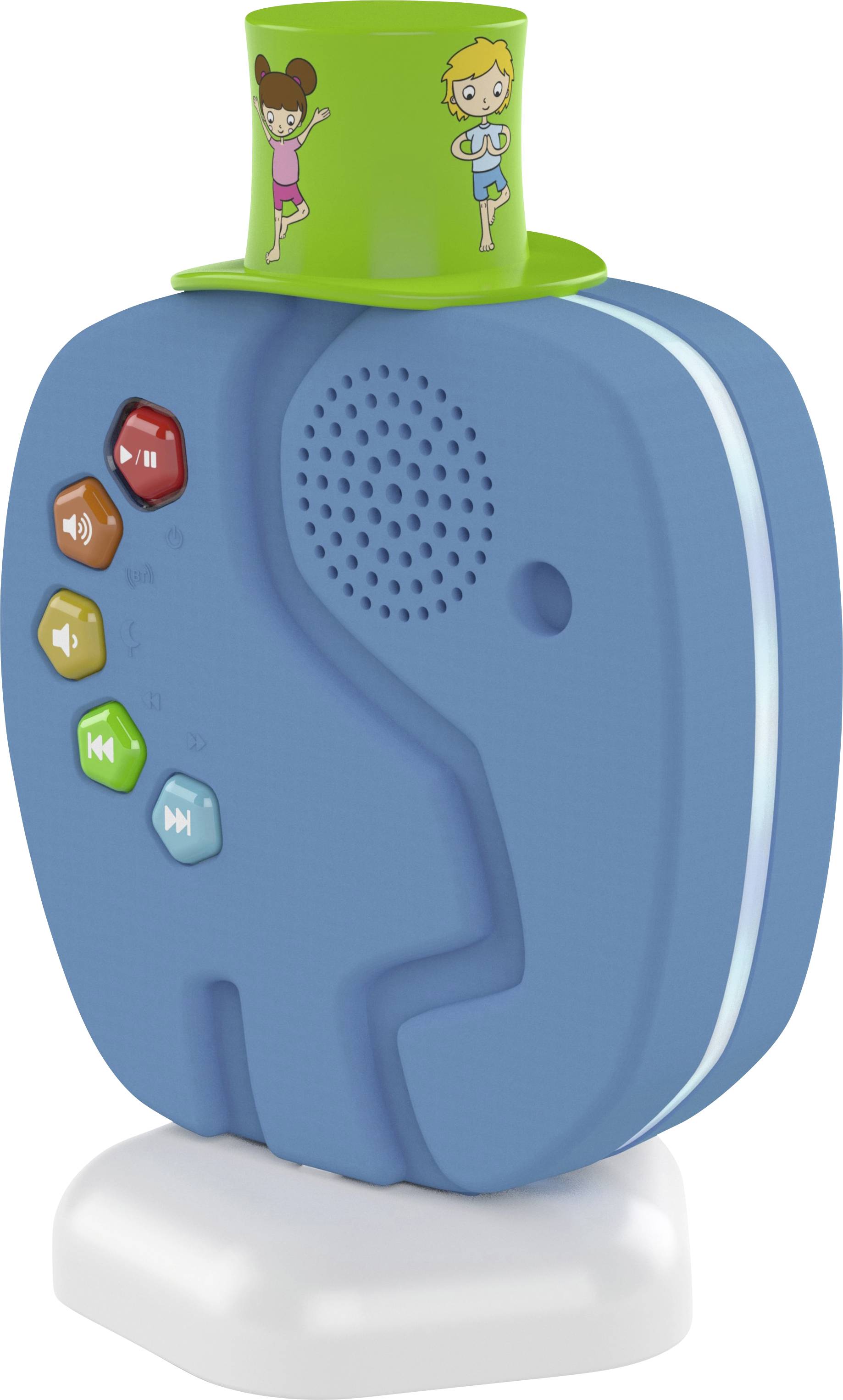 Blue elephant speaker with five colourful buttons on the front. Green cylinder on top with dancing children depicted.