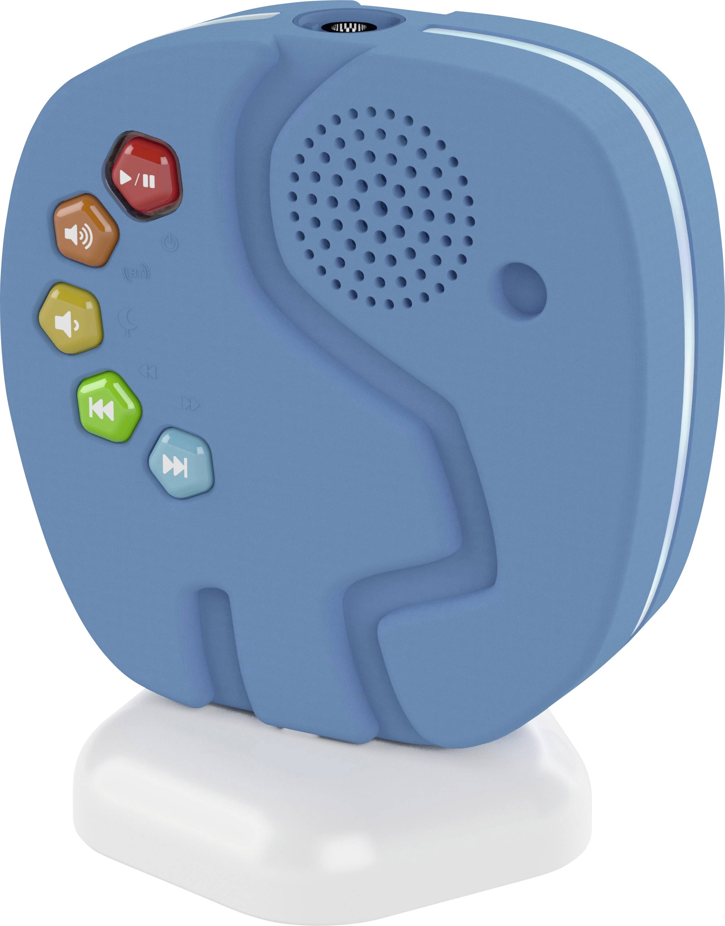 A blue toy with music symbol keys in various colours on a white base, featuring a small speaker.