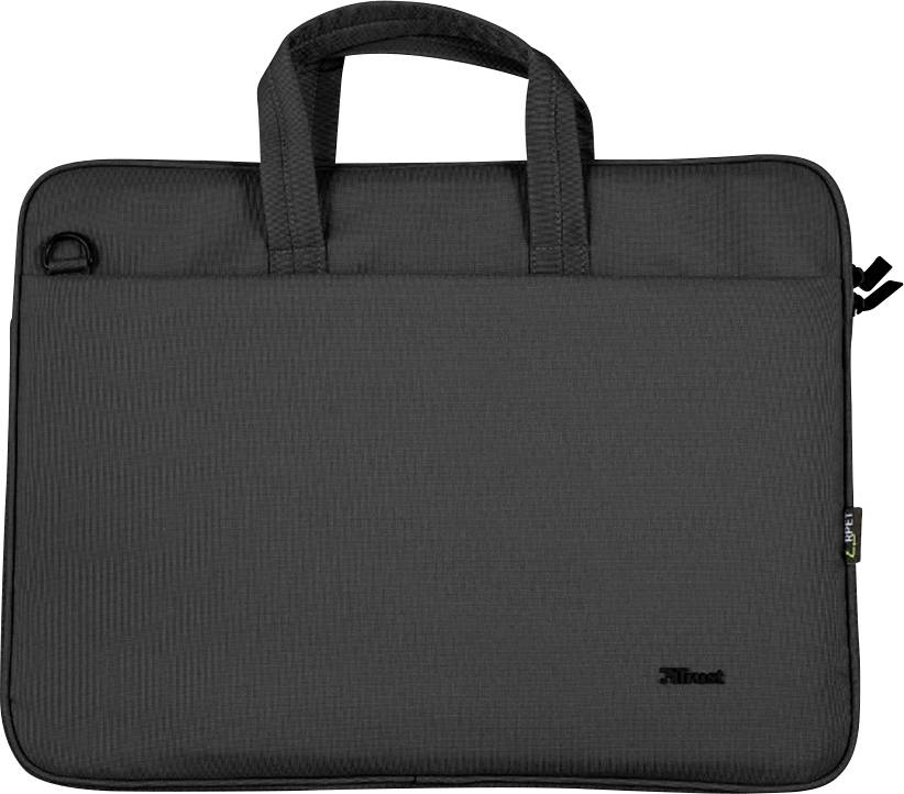Black laptop bag with two handles and zip.