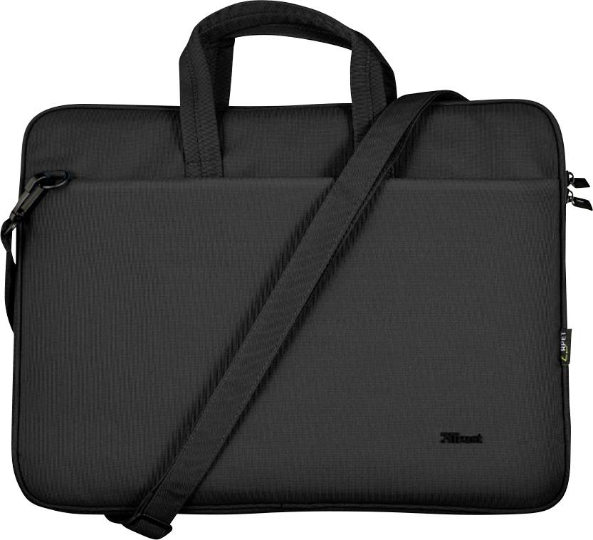 Black laptop bag with carry handles and adjustable shoulder strap, suitable for the secure transportation of a notebook.