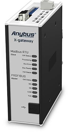 An Anybus X-gateway for connecting Modbus RTU and PROFIBUS networks. Displays status LEDs and connection ports.