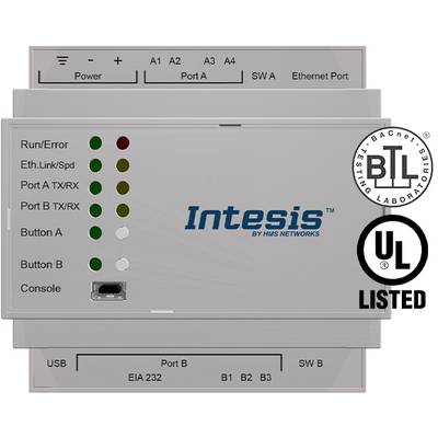 'Intesis' module with Ethernet port and status LEDs for network and connection monitoring. Certifications: BTL, UL.