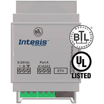 A grey device with the 'Intesis' logo and certification marks 'BTL' and 'UL Listed'. Shows connections for 9-24V and Ethernet.