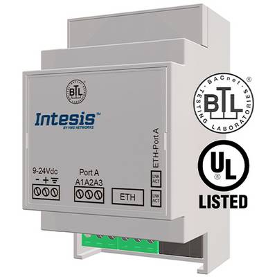 A white Intesis gateway module with connections and LED indicators, marked for BACnet and UL-certified.