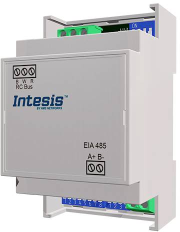 Device for bus control by Intesis, displaying an RC bus interface for EIA 485 connections, suitable for network systems.