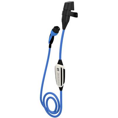 A blue charging cable for electric vehicles with a black and white plug; demonstrates connectivity and charging functionality.
