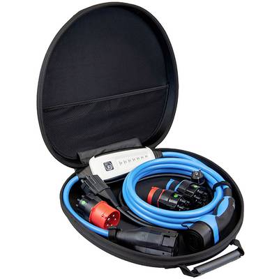 'Portable charging station with blue cables and adapters in a black bag. Perfect for electric vehicles with various plug types.'