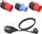 'Three red and blue industrial connectors above a black power cable with plug.'
