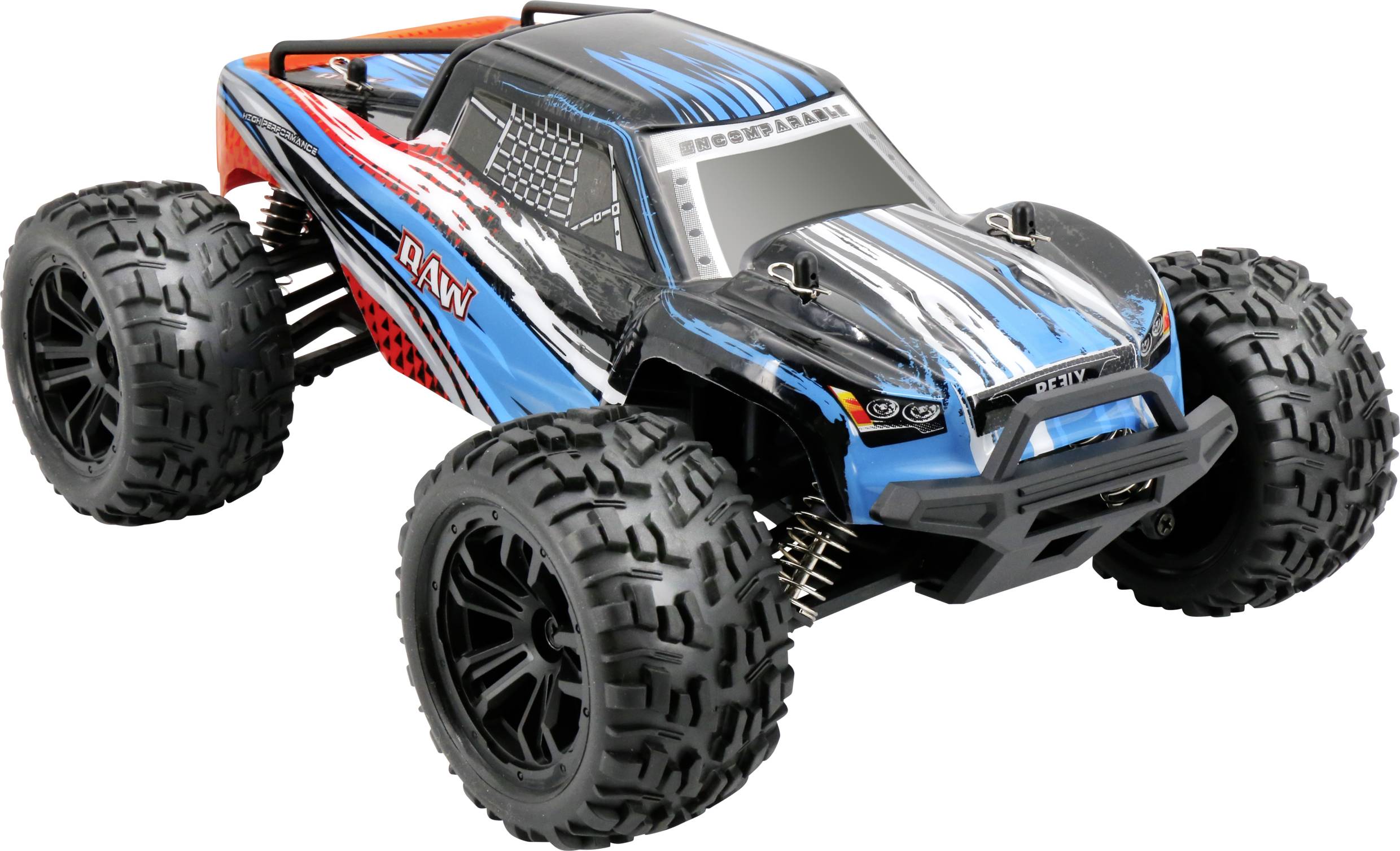 A remote-controlled car with chunky tyres and a blue-black design sits on a white background.