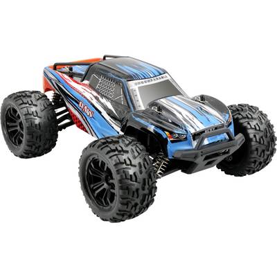 A remote-controlled car with chunky tyres and a blue-black design sits on a white background.