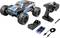 Toy RC car with blue bodywork and large tyres, next to remote control, battery charger with batteries, charging cable and screwdriver.
