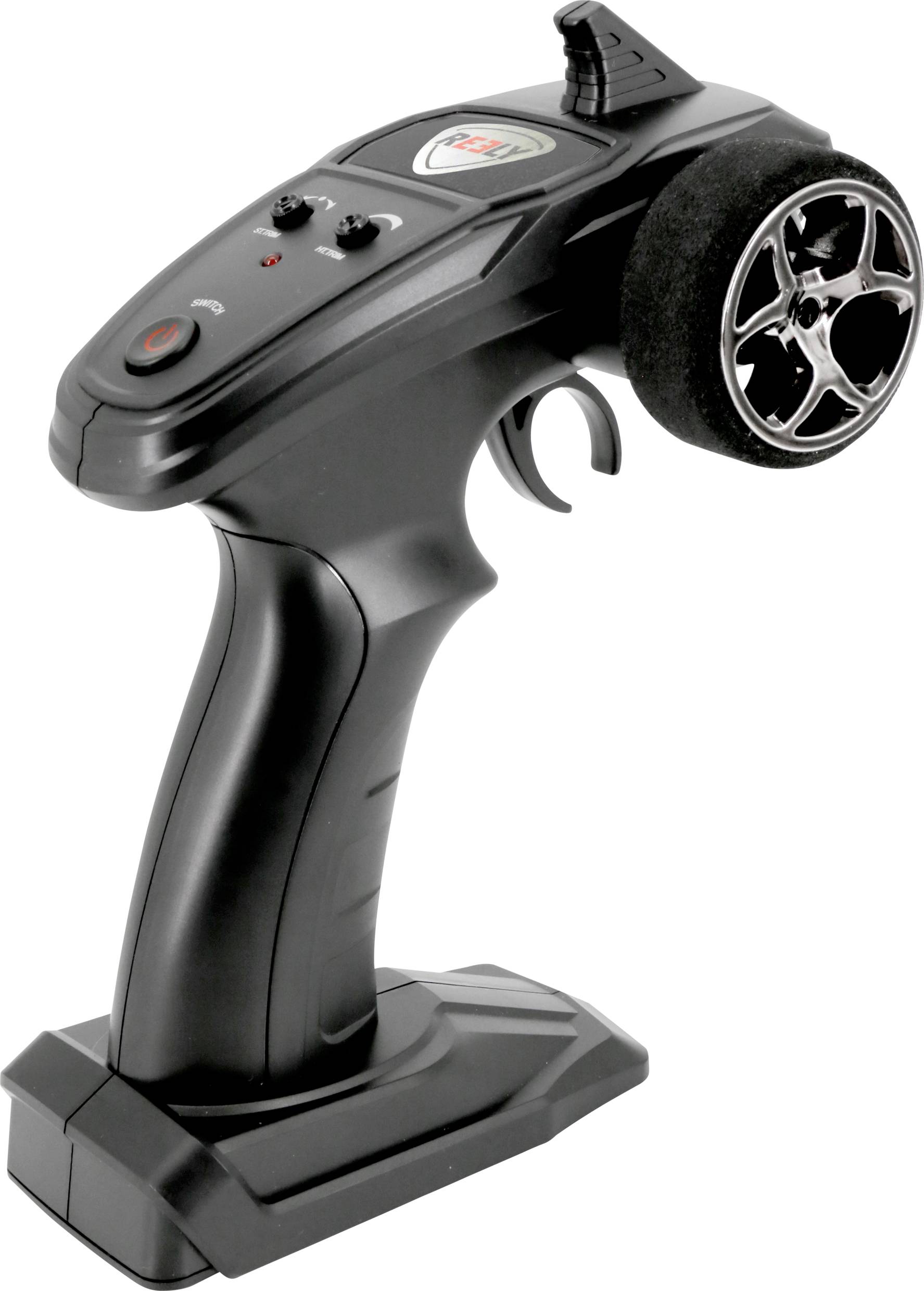 Remote control for a remote-controlled car with a steering wheel and several buttons on the top surface for controlling various functions.