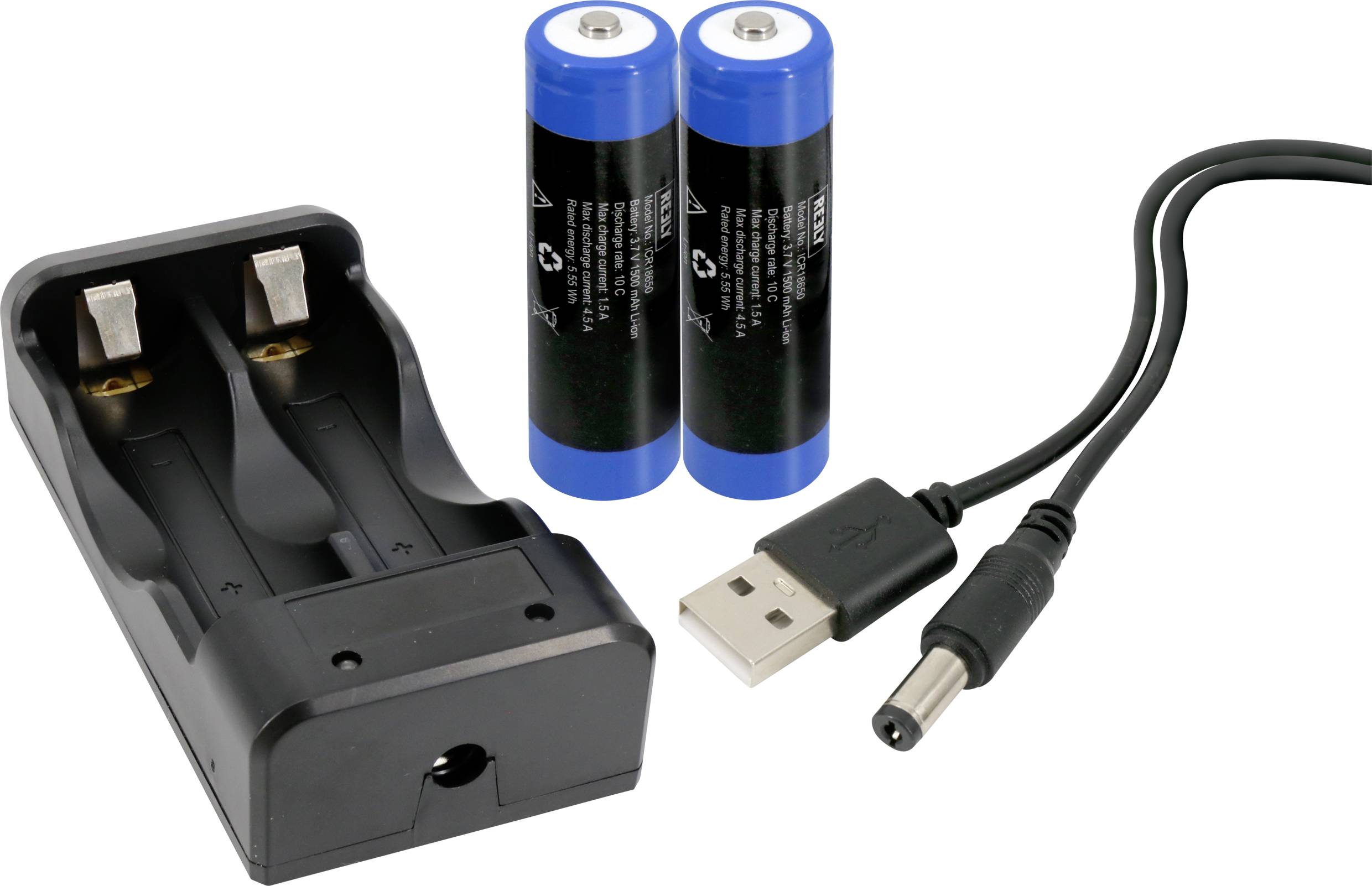 Battery charger with two blue batteries and a USB charging cable.