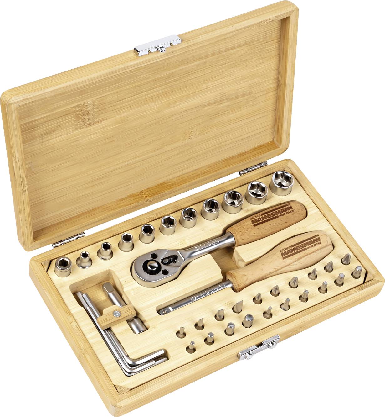 Brueder Mannesmann M29000 M29000 Tool set incl. bamboo case 4 - 13 mm PZ 0, PZ 2, PZ 3, PH 0, PH 1, PH 2, T 10, T 15, T 20, T 25, T 27, T 30, 3, 4, 5 mm, 6 3