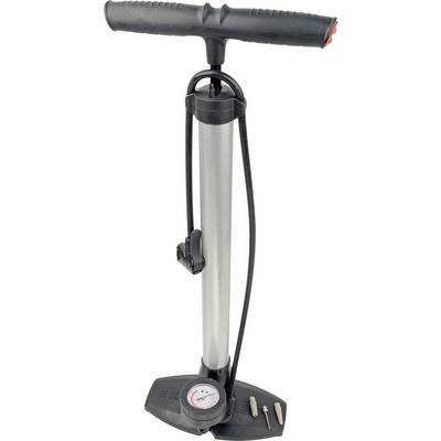Bicycle pump with pressure gauge, black handle and silver cylinder, mounted on a black base with valve attachment.