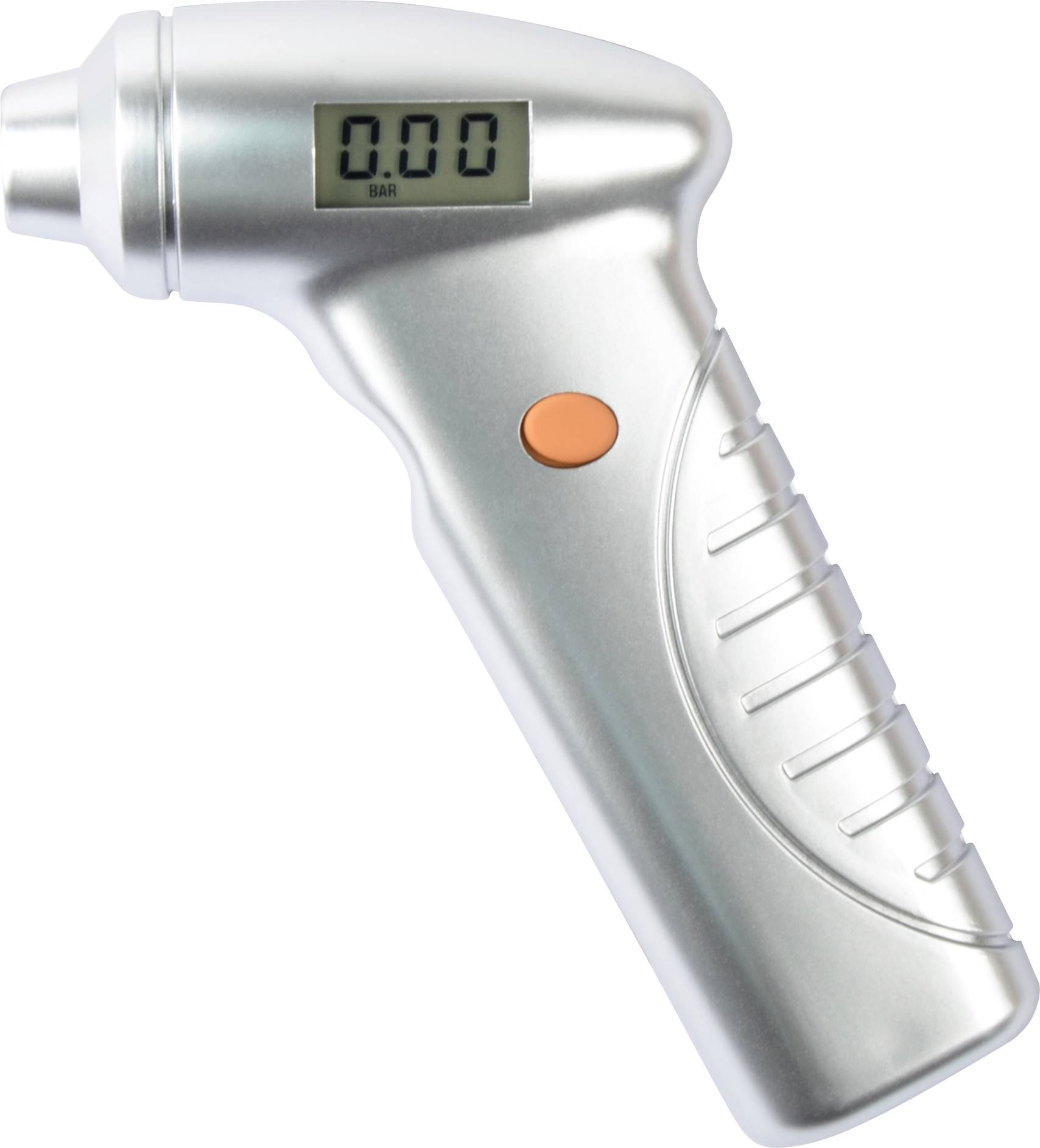 A silver, handheld digital pressure gauge with a push button and a display showing '0.00'.
