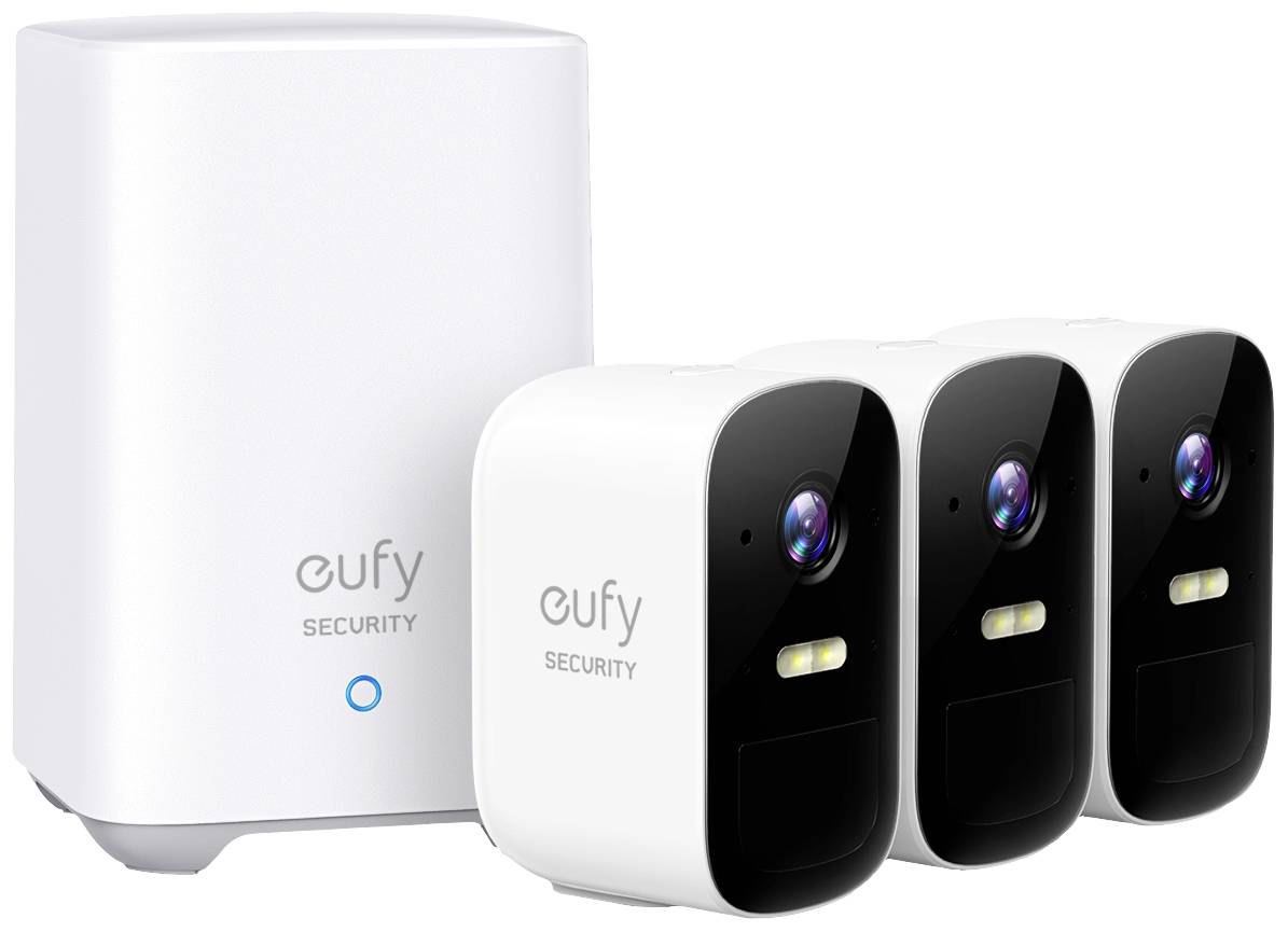 Eufy security camera system with three white cameras and base station. Suitable for monitoring with Wi-Fi connection and night vision.