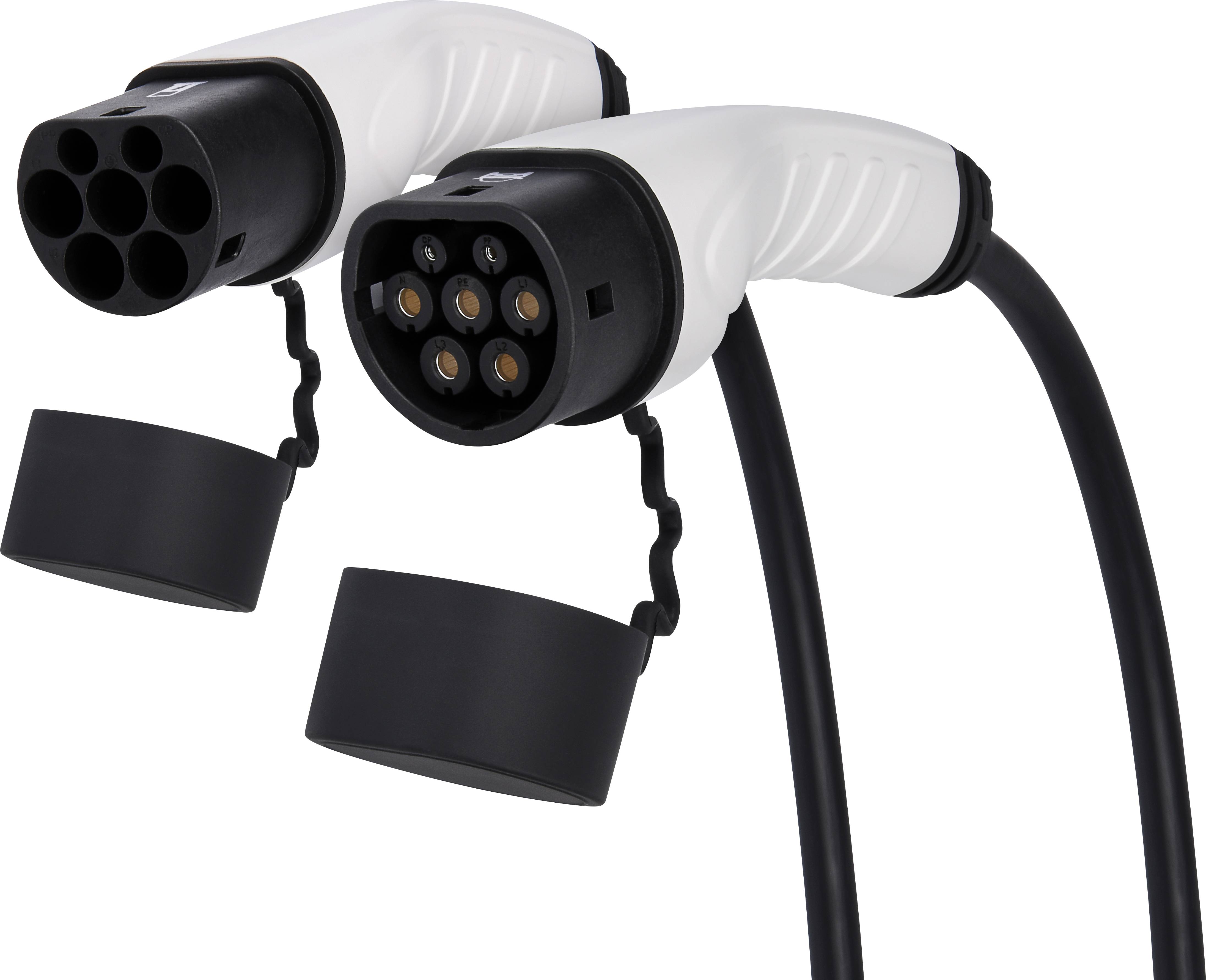 Two Type 2 charging connectors for electric vehicles with black cables and covers.