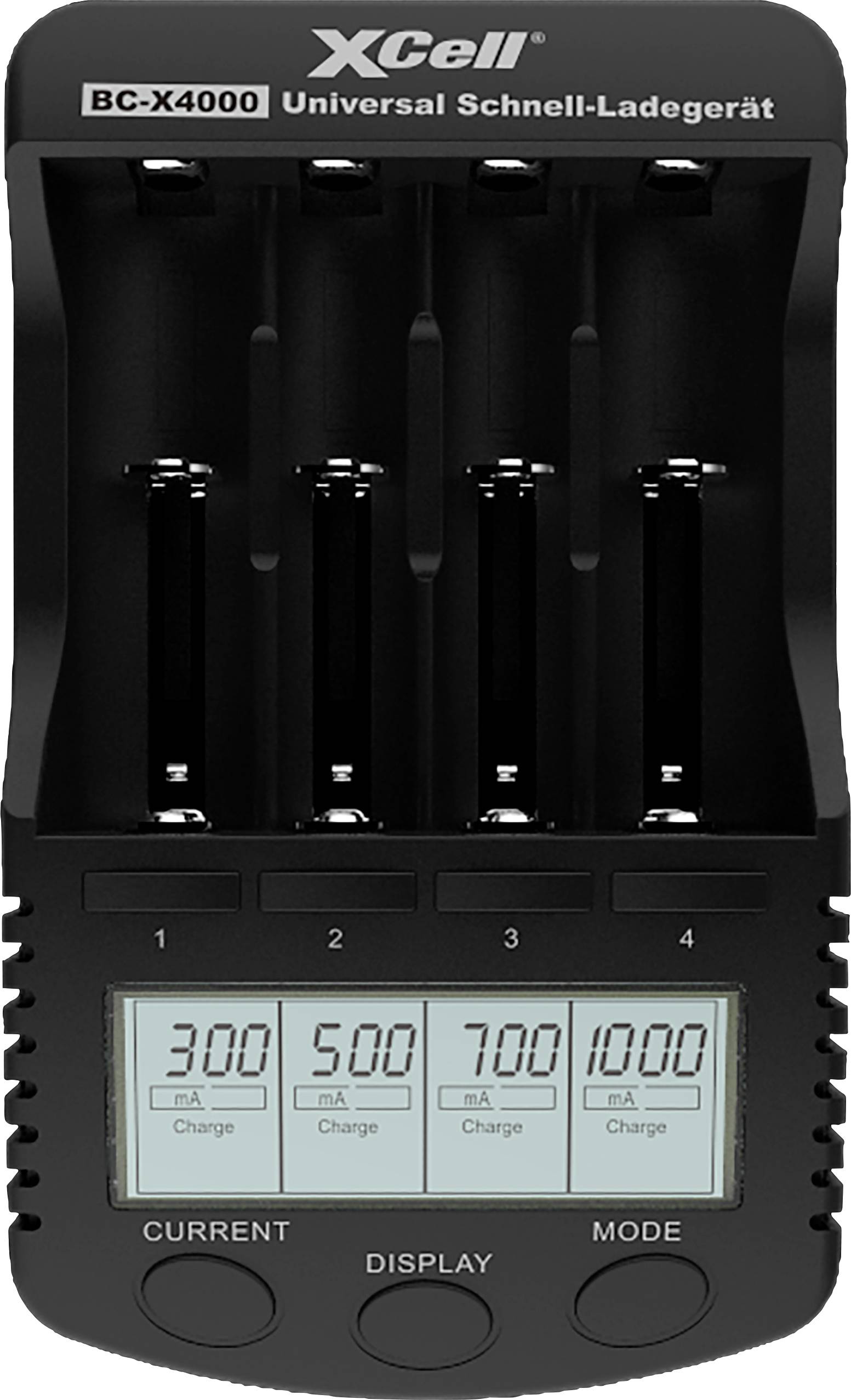Universal Quick-Charge Battery Charger with Four Charging Slots and Digital Display for Monitoring Charging Status in mA.