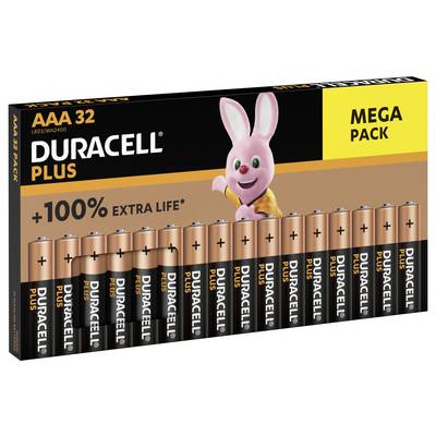'Mega Pack' of 32 Duracell Plus AAA batteries with mascot and '+100% Extra Life' claim.