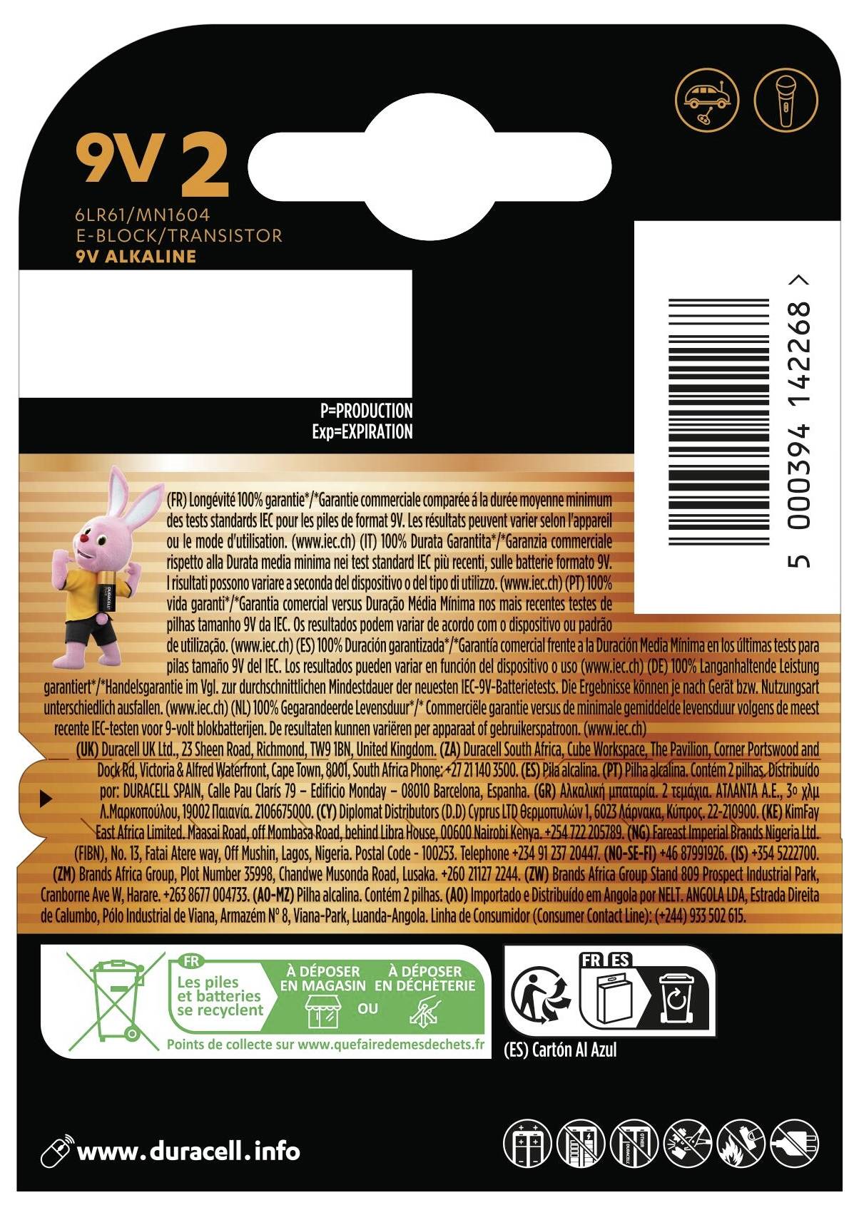 Packaging for two 9V alkaline batteries, branded with a cartoon character. Includes product details, recycling info, and expiration guidelines.