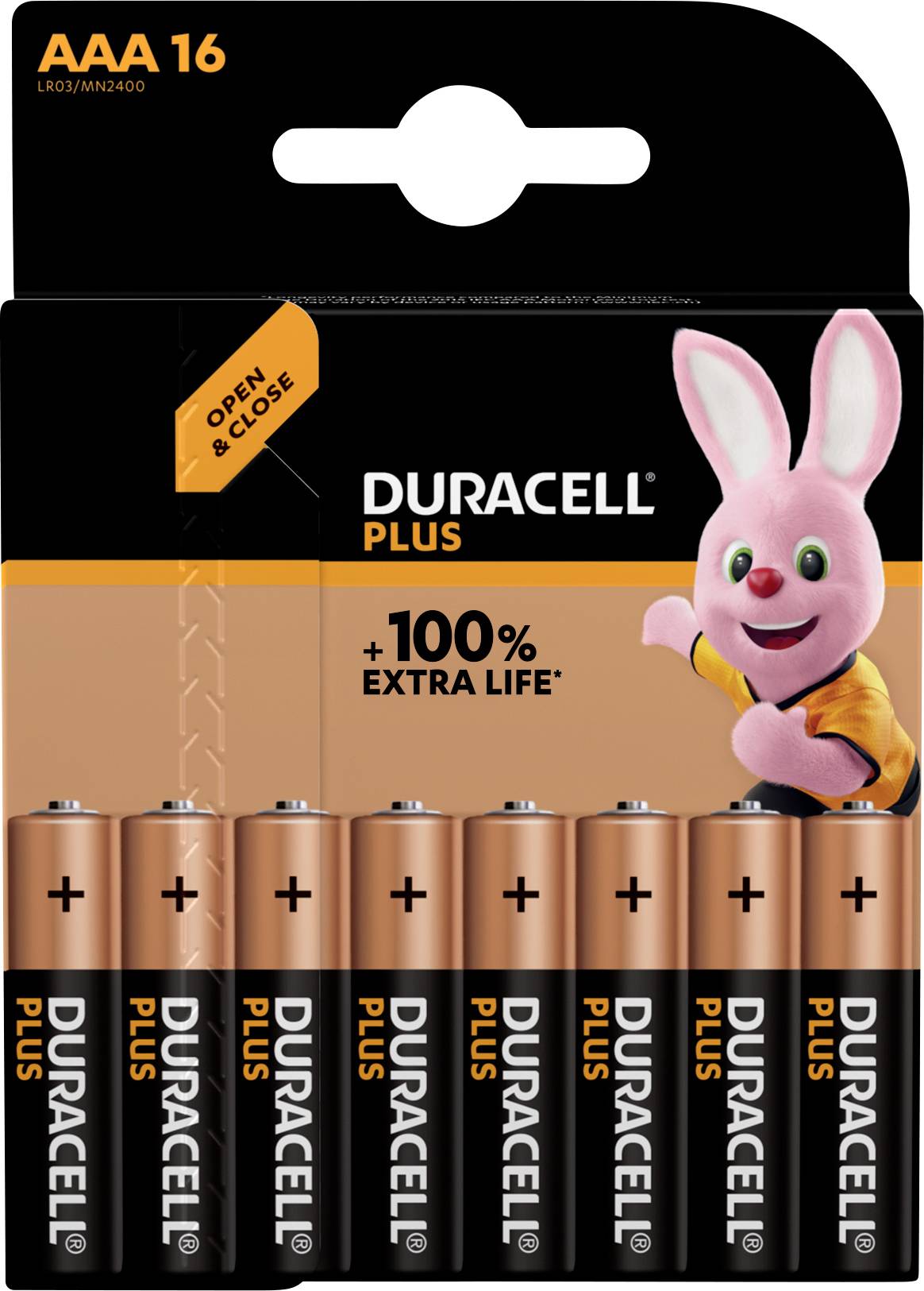 Pack of 16 AAA Duracell Plus batteries, advertised with '100% extra life'. Features the Duracell mascot, a pink bunny.