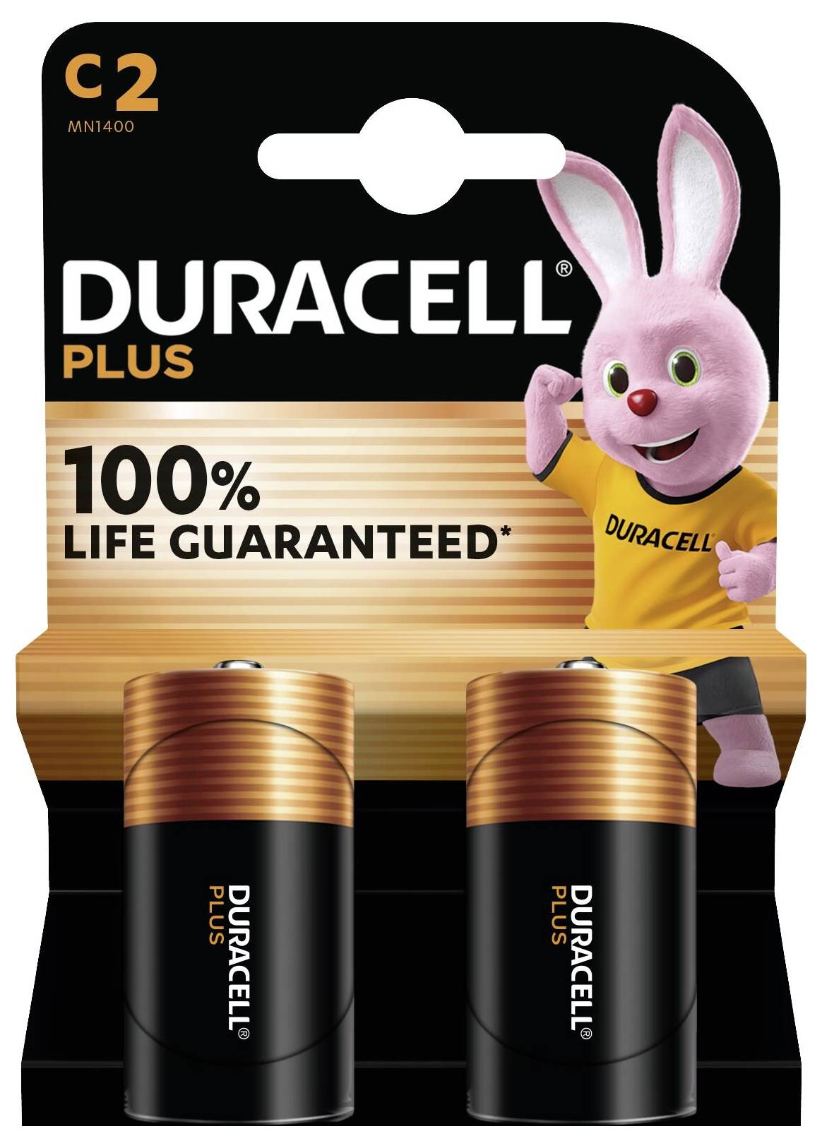 Package of two C2 Duracell Plus batteries with '100% Life Guaranteed' text and pink bunny mascot on the label.