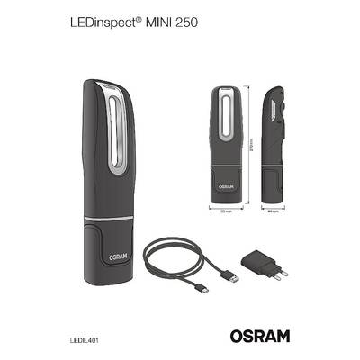 'LEDinspect MINI 250' portable lamp by OSRAM, shown in various views. Includes dimensions, USB cable, and adapter.